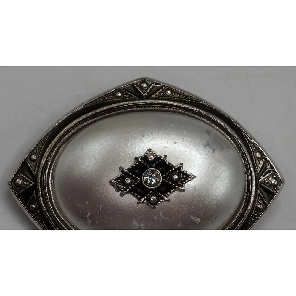 Avon Vintage Art Deco Faux Pearl Rhinestone‎ Brooch Scarf Slide Silver Tone